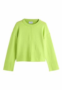 Neon zaļš īsais džemperis ar ribotu apakšmalu, platām piedurknēm un apaļu kakla izgriezumu; izgatavots no mīksta adījuma ar redzamām šuvēm.