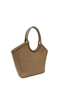 Brun tekstil tote bag med runde hanke, struktureret form, glatte detaljer og tekstureret krop, velegnet til daglig brug.