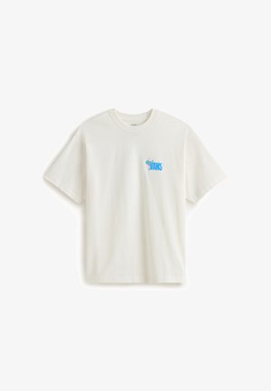 T-shirt bianca in cotone con un logo grafico blu e verde sul petto a sinistra. Maniche corte e design a girocollo.