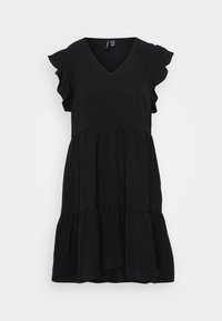 Svart klänning med V-ringning, korta volangärmar och en tvåskikts, utsvängd design. Tillverkad av lätt material med en mjuk textur.