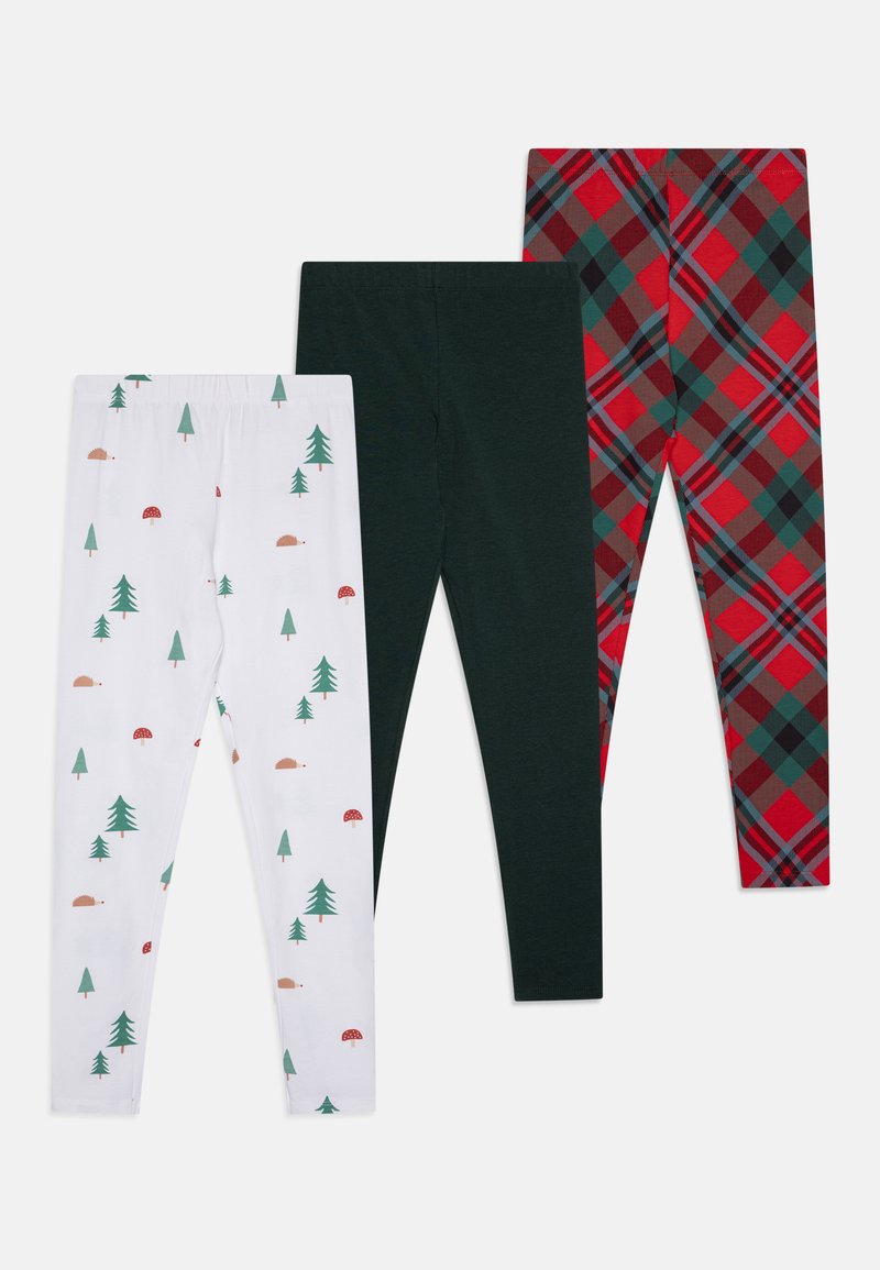 Trois paires de leggings : blancs avec des arbres verts et des hérissons, vert foncé, et à carreaux rouges avec des accents noirs. Matière en coton douce et extensible.