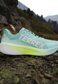 Svetlomodrá a neónovo žltá trailová bežecká obuv s označením "TERREX", umiestnená na kamenistom povrchu s rozmazanou horskou krajinou v pozadí.