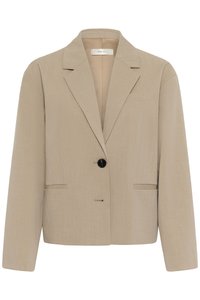 Beiger, kurz geschnittener Blazer mit Kerbkragen, einer schwarzen Knopfleiste, langen Ärmeln und vorderen Leistentaschen.