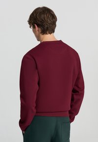 Felpa bordeaux con scollo rotondo e polsi a coste. Presenta una texture morbida e una vestibilità comoda, abbinata a pantaloni verde scuro.