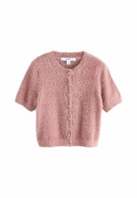 Kurzärmlige, knopffrontige Strickjacke aus weichem, flauschigem, hellrosa Material. Verfügt über dekorative Knöpfe an der Vorderseite und einen runden Halsausschnitt.