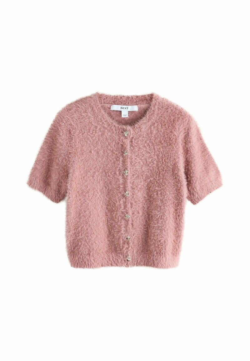 Kurzärmlige, knopffrontige Strickjacke aus weichem, flauschigem, hellrosa Material. Verfügt über dekorative Knöpfe an der Vorderseite und einen runden Halsausschnitt.