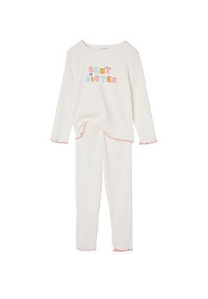 Cremfarbener Langarm-Top und Hosen-Set für Kinder mit dem Text "BESTE SCHWESTER" in Pastellfarben und pinken Rüschen am Ärmel und Saum.