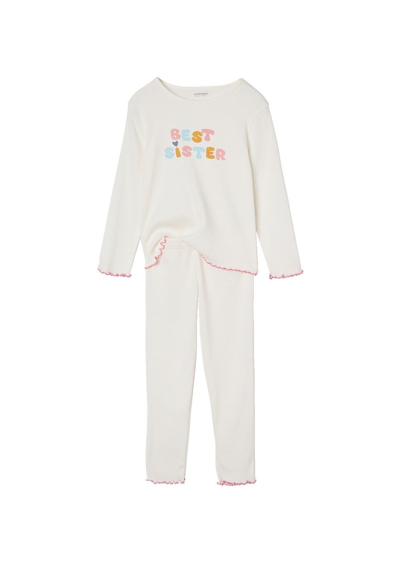 Cream-colored long-sleeve top and pants set for children with "BEST SISTER" text in pastel colors and pink ruffled edges on sleeves and hems.