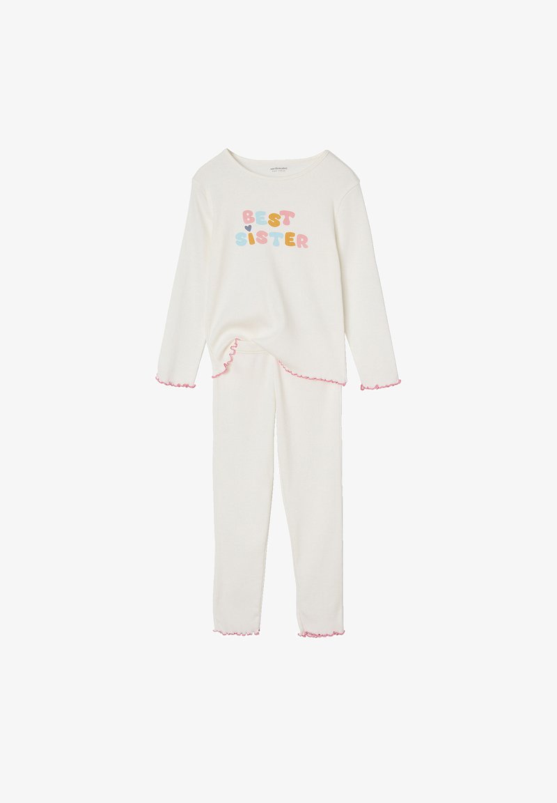Cremfarbener Langarm-Top und Hosen-Set für Kinder mit dem Text "BESTE SCHWESTER" in Pastellfarben und pinken Rüschen am Ärmel und Saum.