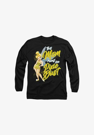 Schwarzes Langarmshirt mit einem Tinkerbell-Motiv im gelben Kleid, mit dem Text "Diese Mama läuft auf Pixie-Dust" in lebhaftem Gelb und Weiß.