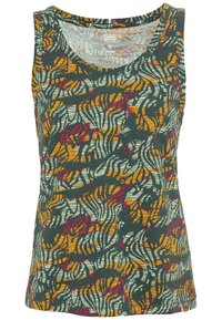 Débardeur présentant un fond vert avec un motif floral ondulé en jaune, rouge et blanc. Fabriqué à partir d'un tissu texturé et léger.