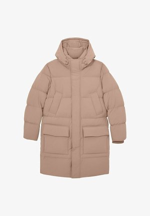 Švarkas pūkinis šviesiai rudos spalvos su kapišonu, pasižymintis siuvinėto dizaino, dviem priekinėmis kišenėmis ir užtrauktuku. Sklandus paviršius, iki kelių ilgio.