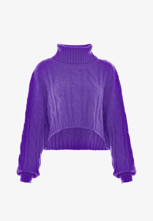 Purple cable-knit cropped sweater with a high collar and wide sleeves. The texture is soft, featuring intricate patterns throughout.