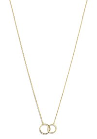 Collier en or avec une chaîne délicate et deux pendentifs circulaires entrelacés, mettant en valeur une texture lisse et un design minimaliste.