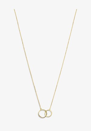 Goldene Halsketten übereinander geschichtet; eine zeigt zwei miteinander verbundene Kreise, die andere einen rechteckigen Anhänger. Beide haben feine Kettenglieder und glatte Oberflächen.