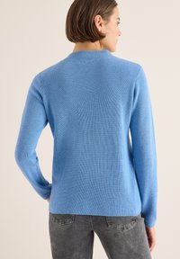 Hellblaues Strickpullover mit gerippter Textur, Rundhalsausschnitt und langen Ärmeln. Mit lockerer Passform und Rückennähten.