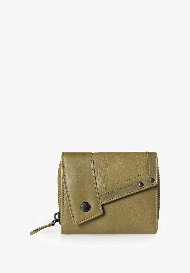 Green leather wallet with a textured surface, featuring a flap closure, black snap, and zipper detail along the edge. Compact design.