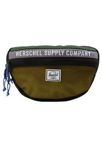 Compact Heerlijke Supply Company heuptas met groene bovenkant, grijze zipvak, gele gaas voorkant en blauwe ritslipjes.