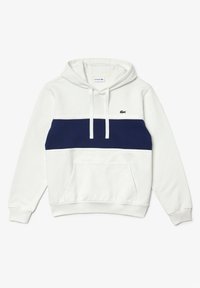 Bílá mikina s kapucí se navy horizontálním pruhem přes hruď. Obsahuje klokaní kapsu, nastavovací kapuci se šňůrkou a vyšívané logo.