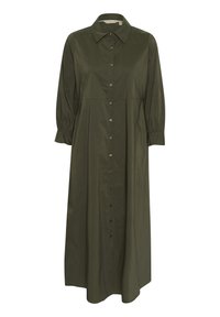 Olive green button-up dress made of smooth fabric. Features a collar and three-quarter sleeves with elastic cuffs. Flowy A-line silhouette.