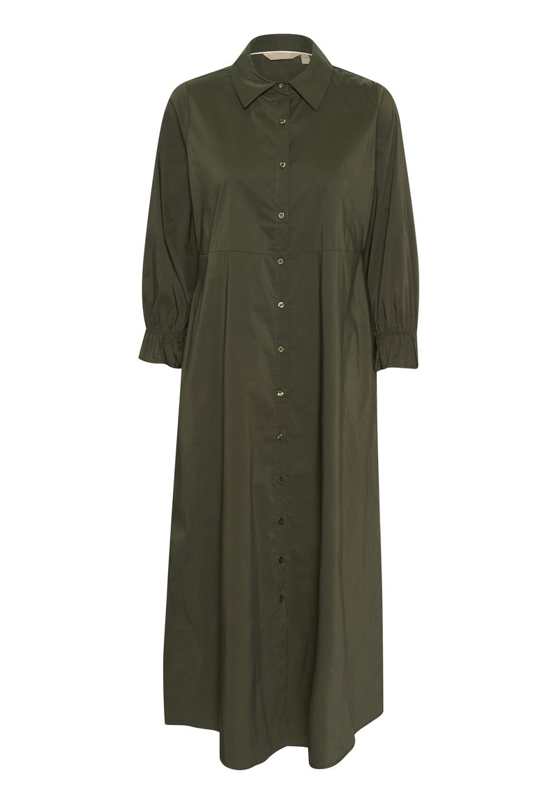 Olive green button-up dress made of smooth fabric. Features a collar and three-quarter sleeves with elastic cuffs. Flowy A-line silhouette.