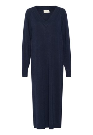 Robe bleu marine à manches longues en tricot texturé doux avec un col en V et des détails côtelés. Longueur mi-longue avec une coupe décontractée.