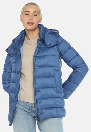 Blue puffer jacket with a padded design, zip closure, and snap-button collar. Made from a shiny, lightweight material.