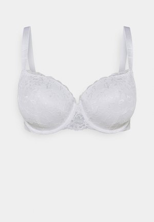 White lace bra featuring padded cups, adjustable satin straps, scalloped edges, and a floral pattern. Smooth fabric with a seamless design.