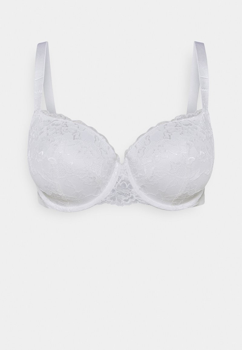 White lace bra featuring padded cups, adjustable satin straps, scalloped edges, and a floral pattern. Smooth fabric with a seamless design.