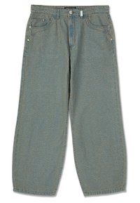 Gai zila platā stila džinsu bikses, kas izgatavotas no denim materiāla, ar piecām kabatām, kontrastējošām šuvēm un smalku tekstūru visā audumā.