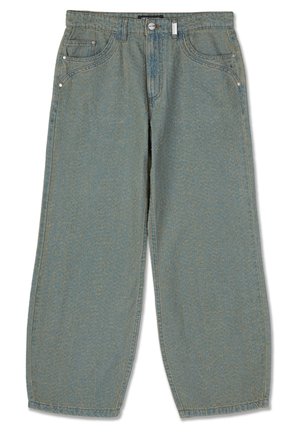 Svetlomodré nohavice s širokými nohavicami vyrobené z denimu, ktoré majú päť vreciek, kontrastné švy a jemnú textúru po celej látke.