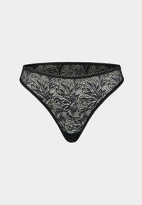 Schwarzer Spitzen-Tanga mit floralem Stickereimuster, ausgestattet mit einem gewellten Bund und feinen Kanten. Transparente Textur mit kunstvollen Designdetails.