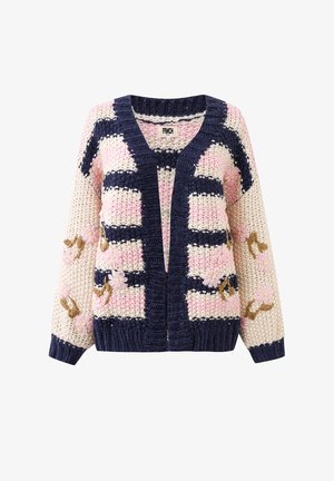 Chunky knit cardigan with navy blue trim, pink and cream stripes, and embroidered pink flowers on sleeves and front.