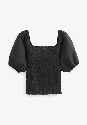 Zwarte cropped blouse met geplooide taille, pofmouwen tot de elleboog, een vierkante halslijn en gerimpelde afwerking aan de bovenkant en zoom.
