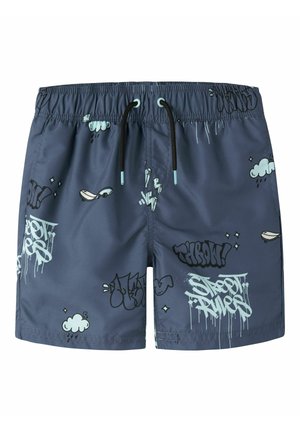 Short de bain bleu marine avec taille élastique, cordons noirs, texte style graffiti, nuages avec gouttes de pluie et motifs d'éclairs.