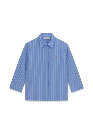 Chemise bleue à manches longues avec rayures verticales blanches, col classique et petit logo sur la poitrine gauche.