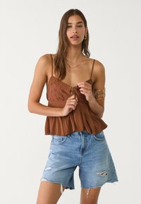 Stradivarius - LOOSE FITTING RUFFLED - Top - dark brown Thumbnail Image 1