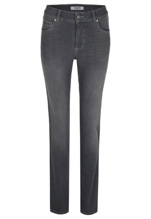 Jean en denim gris avec une coupe droite, style cinq poches standard, légères lignes d'usure et accents en métal à la taille.