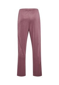 Ljuvligt mauve, lätta byxor i polyester med elastisk midja, raka ben och en slät yta, lämpliga för avslappnad användning.