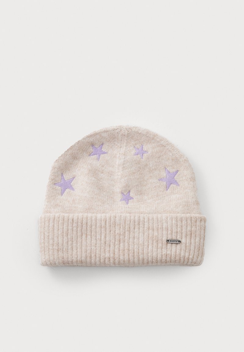 Light beige knit beanie with a ribbed cuff, featuring lavender star embroidery throughout the top. Soft texture. Brand tag visible.