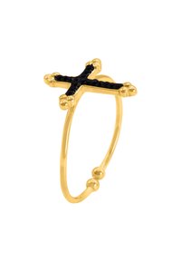 Goldring mit einem Kreuzdesign und schwarzen Akzenten, glatte Oberfläche und dekorative sphärische Details entlang des Rings.