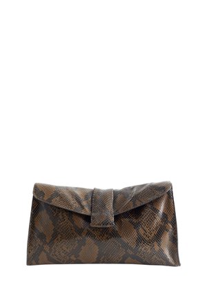 Brown vegan leather clutch with a snakeskin pattern. Rectangular shape, smooth texture, flap closure at the front, and rounded edges.