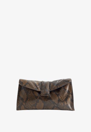 Brown vegan leather clutch with a snakeskin pattern. Rectangular shape, smooth texture, flap closure at the front, and rounded edges.