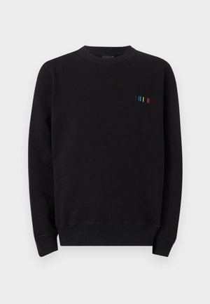 Schwarzes Rundhals-Sweatshirt aus einem Baumwollmischgewebe, mit einem kleinen, mehrfarbigen gestickten Detail auf der linken Brust und gerippten Bündchen.