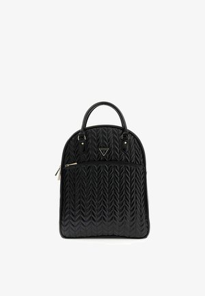 Sac à dos matelassé noir avec dessus arrondi, doubles poignées, poche avant zippée et petit logo triangulaire GUESS à l'avant.