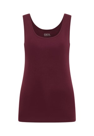 Débardeur bordeaux sans manches avec encolure dégagée, en tissu lisse, étiquette "Cecil Essentials" à l'intérieur du col.