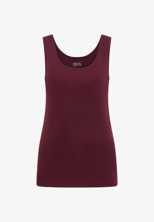 Débardeur bordeaux sans manches avec encolure dégagée, en tissu lisse, étiquette "Cecil Essentials" à l'intérieur du col.