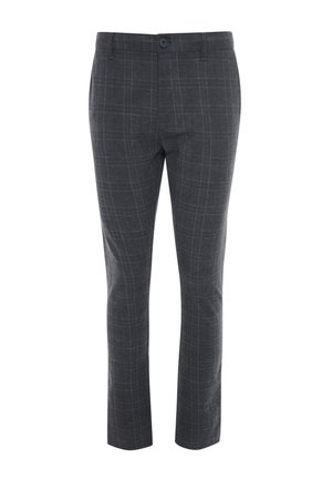 Gråternet bukser med slim fit, lavet af struktureret stof. Har en frontlukning med knap og to sidelommer.