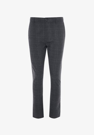 Gråternet bukser med slim fit, lavet af struktureret stof. Har en frontlukning med knap og to sidelommer.