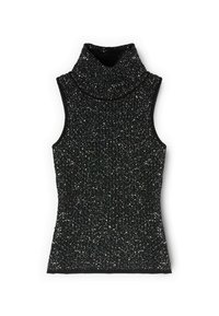Svart ärmlös polotröja i texturerat tyg med silverglittrande prickar överallt, med en vid omlottkrage.
